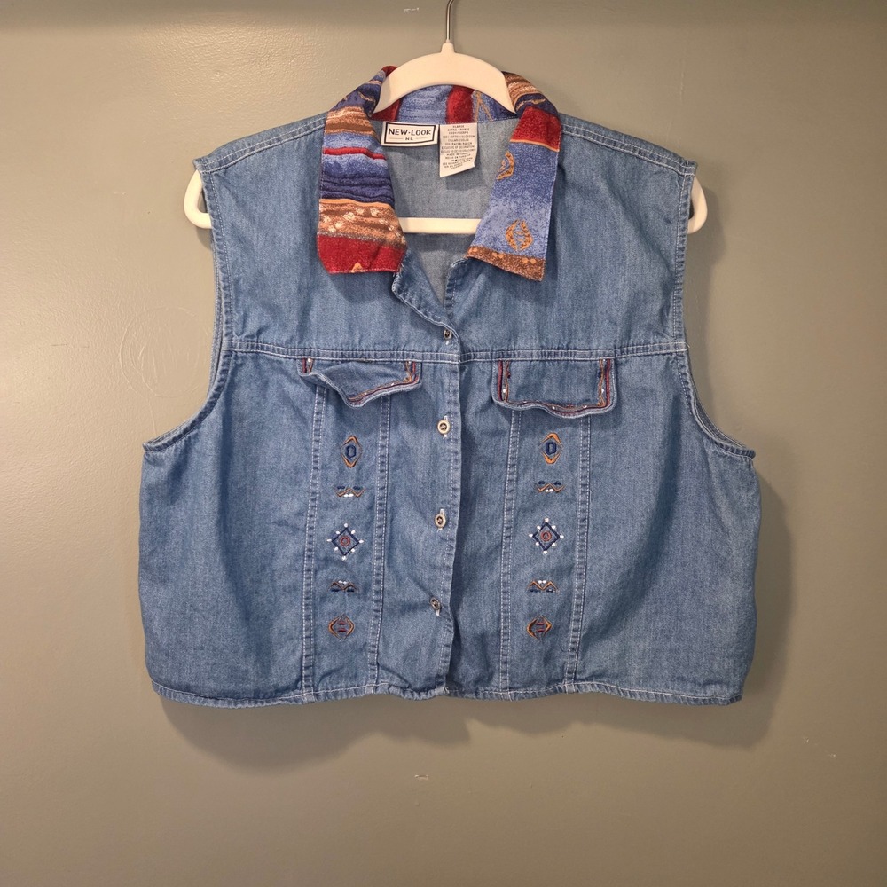 Vtg New Look‎ Women's Cropped Denim Top Size XL Western Woven Collar Embroidered